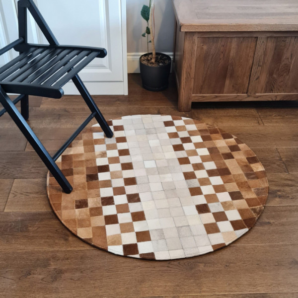 Runder Patchwork-Teppich aus Rindsleder, Designer-Teppich, handgefertigter Haar-auf-Pelz-Lederteppich