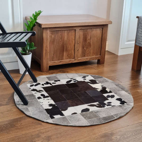 Round Cowhide Patchwork Rug, Designer Rug, Handmade Hair On Fur Leather Rug