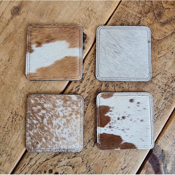 Cowhide Coasters Leather Set, Coffee Tea Cold Drink Coaster Cup Mats. Handmade