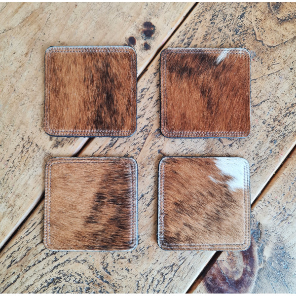 Cowhide Coasters Leather Set, Coffee Tea Cold Drink Coaster Cup Mats. Handmade