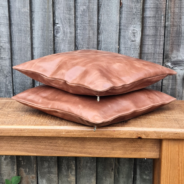 Pair of Leather Pillow /Cushion Covers, vintage look leather, Hand Crafted, Plain Square Soft brown Leather