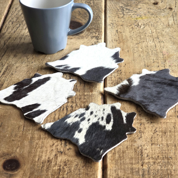 Cowhide Coaster Set, Handcrafted Real Genuine Hair-on Cowhide Leather Coaster