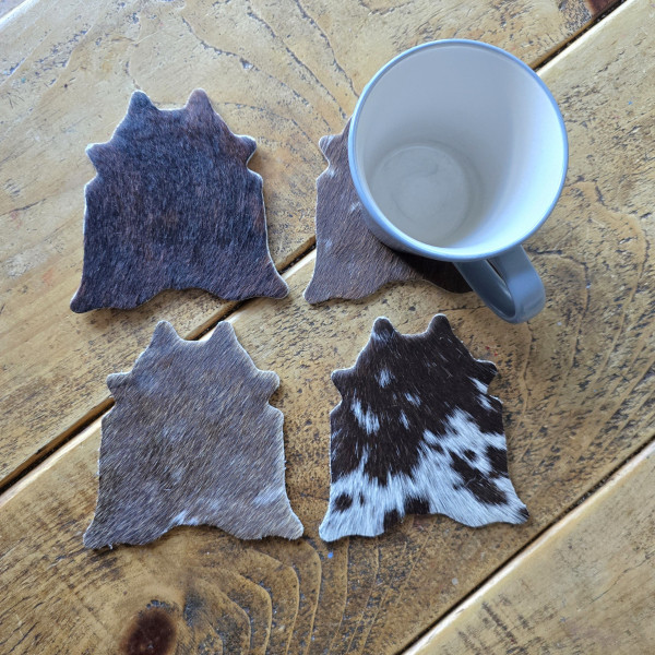 Cowhide Coaster Set, Handcrafted Real Genuine Hair-on Cowhide Leather Coaster