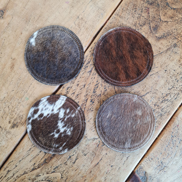 Cowhide Coaster Set, Handcrafted Real Genuine Hair-on Cowhide Leather Coaster set