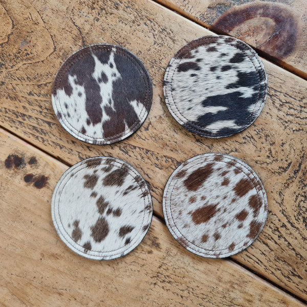 Cowhide Coaster Set, Handcrafted Real Genuine Hair-on Cowhide Leather Coaster set