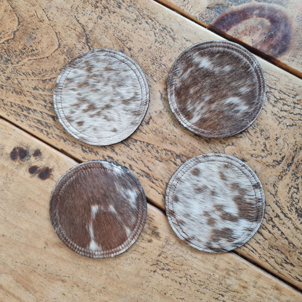 Cowhide Coaster Set, Handcrafted Real Genuine Hair-on Cowhide Leather Coaster set