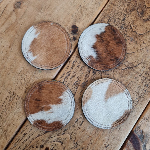 Cowhide Coaster Set, Handcrafted Real Genuine Hair-on Cowhide Leather Coaster set