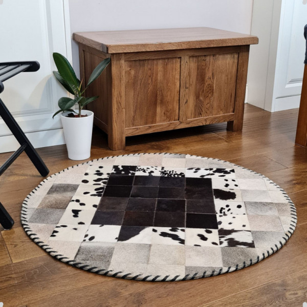 Tapis patchwork rond en peau de vache, tapis design, cheveux faits à la main sur tapis en cuir de fourrure